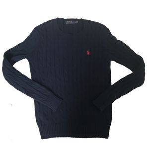 Polo Ralph Lauren Navy Cable Knit Crewneck Sweater Red Pony Cotton Size S